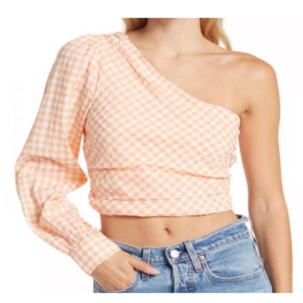 NWT Elodie Orange Gingham One Shoulder Cropped Blouse